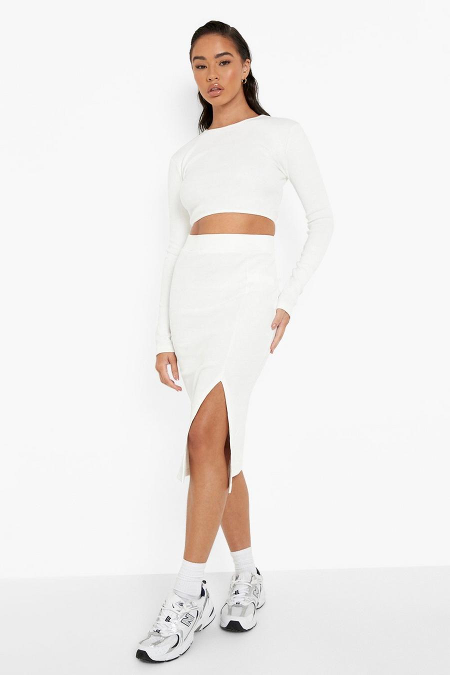 Ecru white Thick Rib Split Midi Skirt Co-ord image number 1