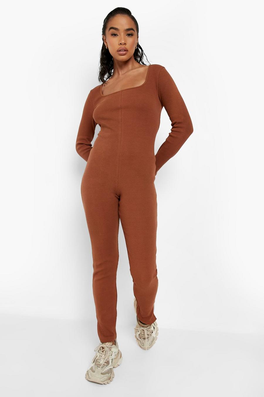 Chocolate Thick Rib Square Neck Split Hem Jumpsuit image number 1