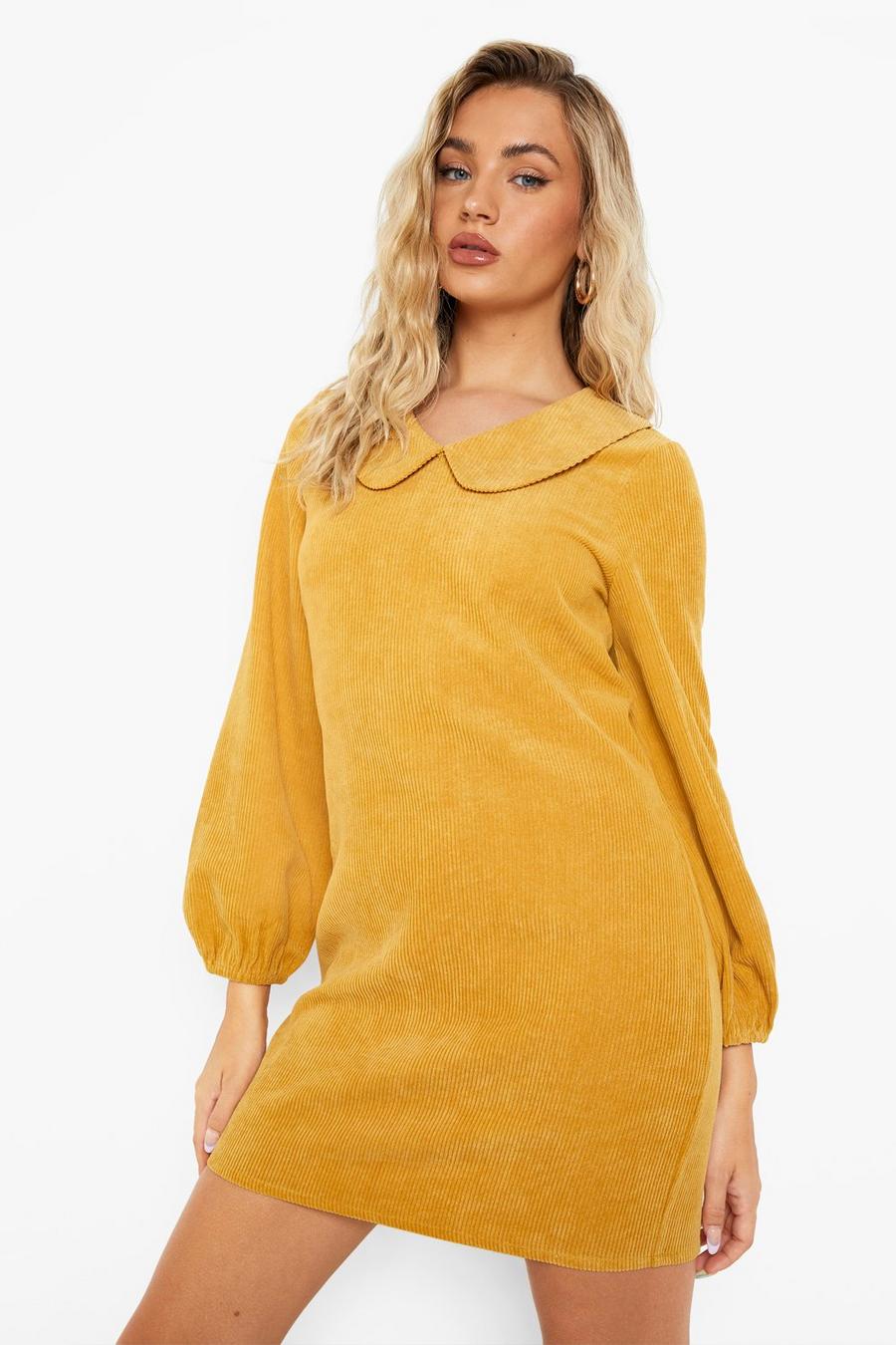 Mustard Cord Collared 3/4 Sleeve Shift Dress image number 1