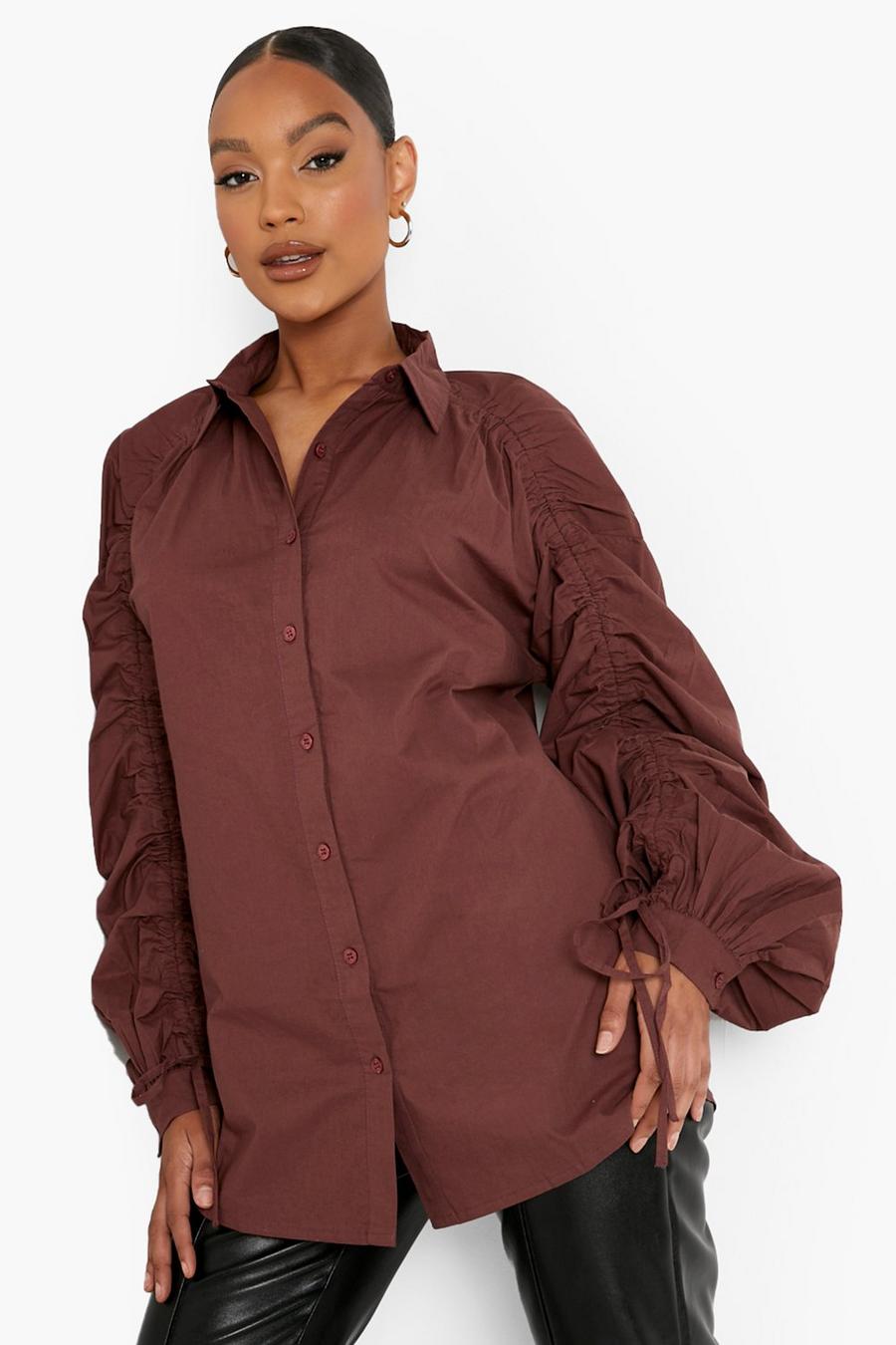 Maroon red Ruched Sleeve Oversized Shirt image number 1