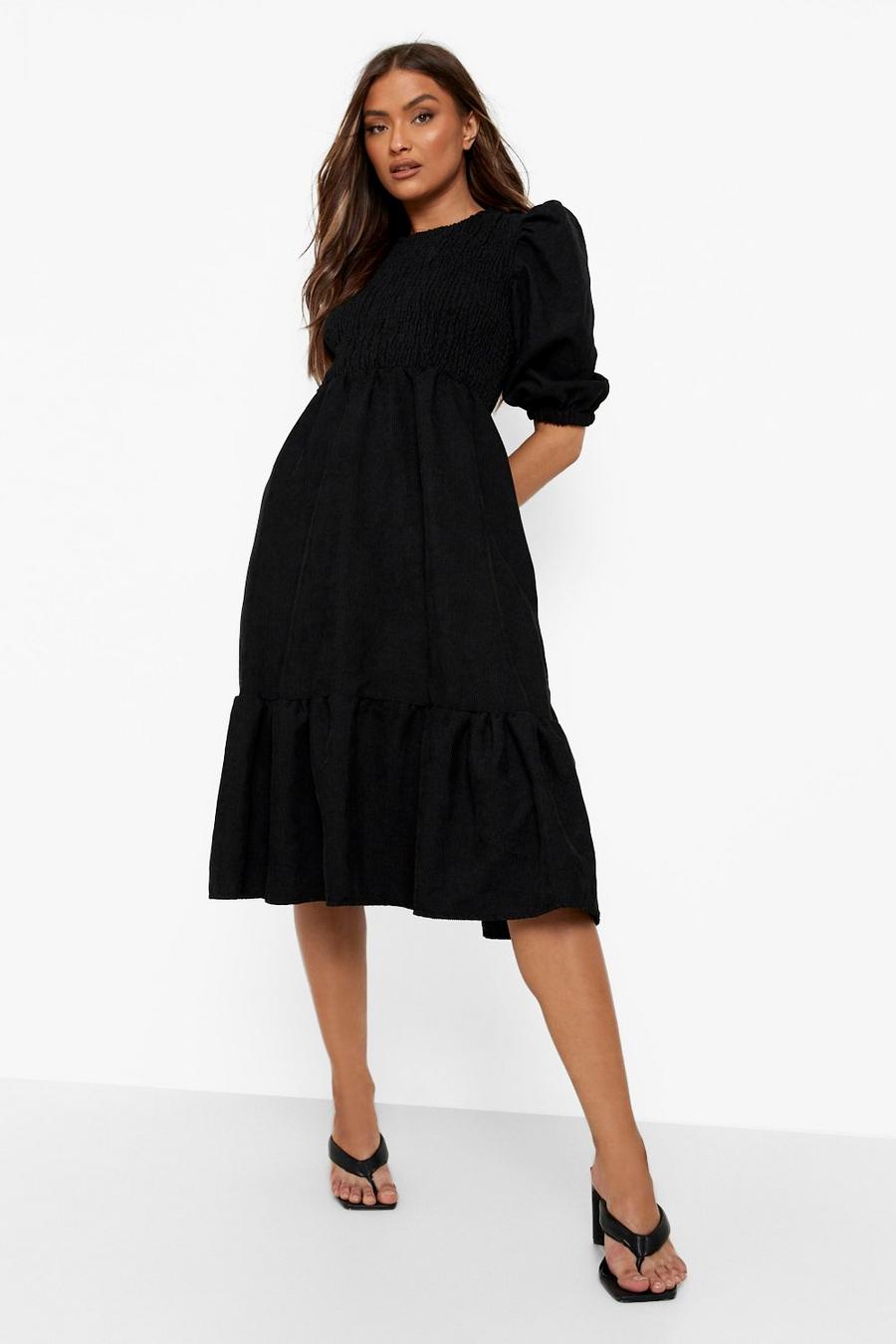 Black Cord Puff Sleeve Shirred Midi Smock Dress image number 1