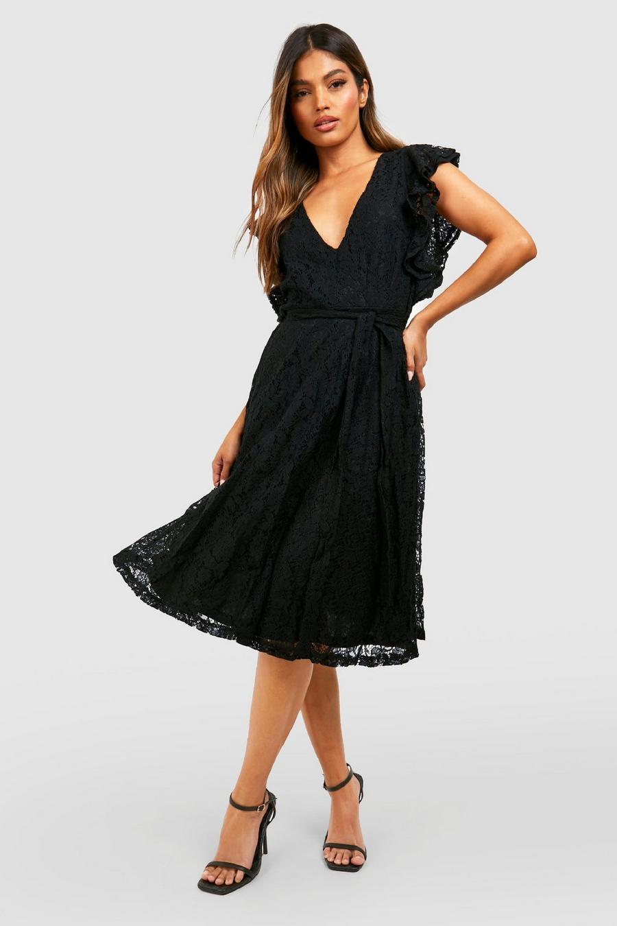 שחור שמלת סקייטר תחרה באורך מידי עם שרוולי מלמלה image number 1