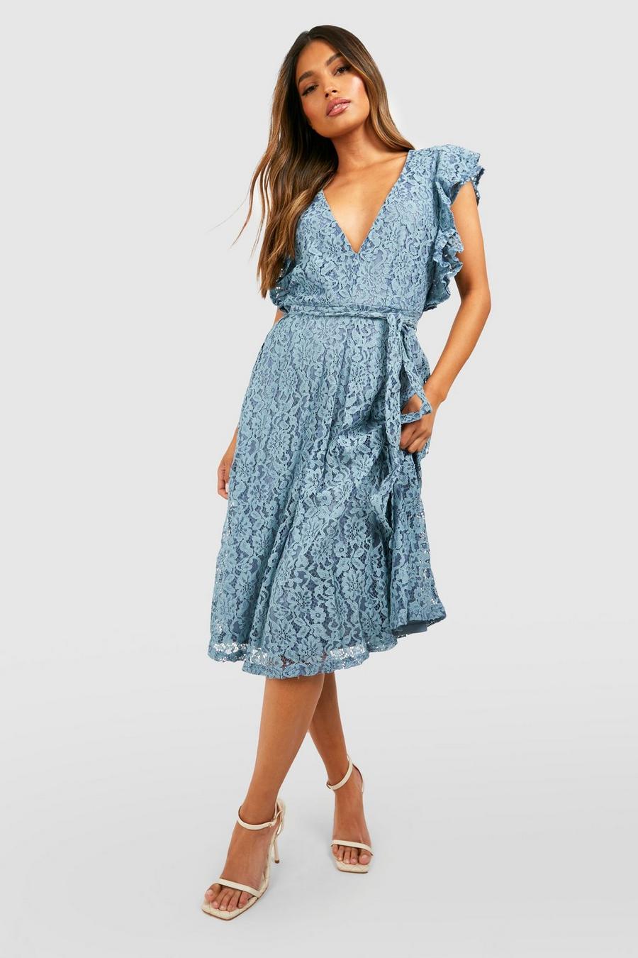 Teal Lace Ruffle Sleeve Skater Midi Dress image number 1