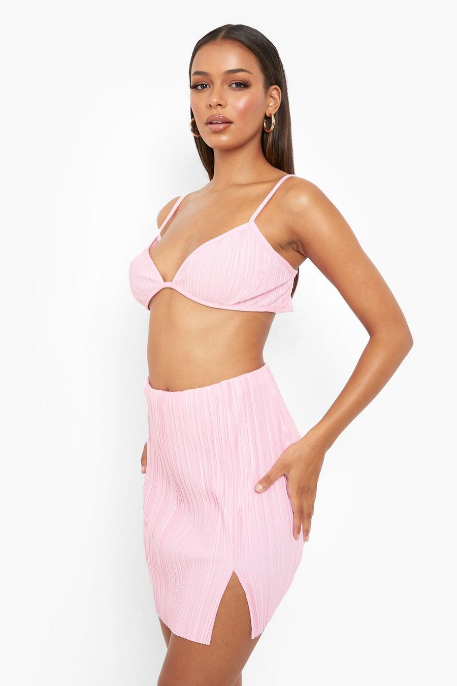 Baby pink Matte Plisse Side Split Mini Skirt image number 1