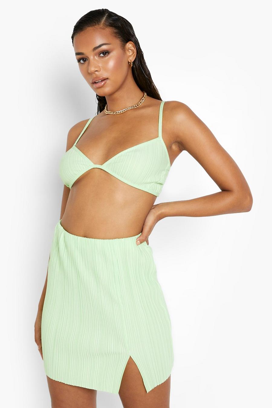 Summer green Ming Lee Matte Plisse Side Split Mini Skirt image number 1