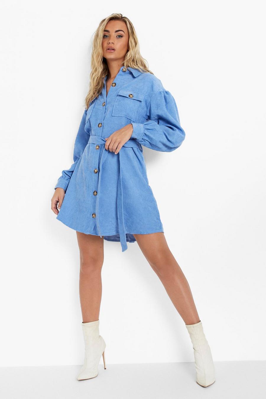Bright blue Cord Long Sleeve Belted Shirt Dress image number 1
