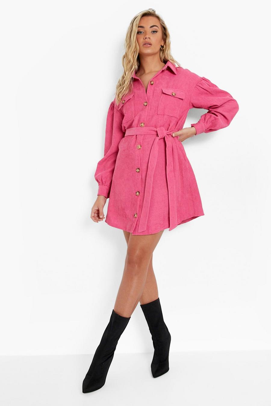 Langärmliges Cord Hemd-Kleid mit Gürtel, Hot pink rosa