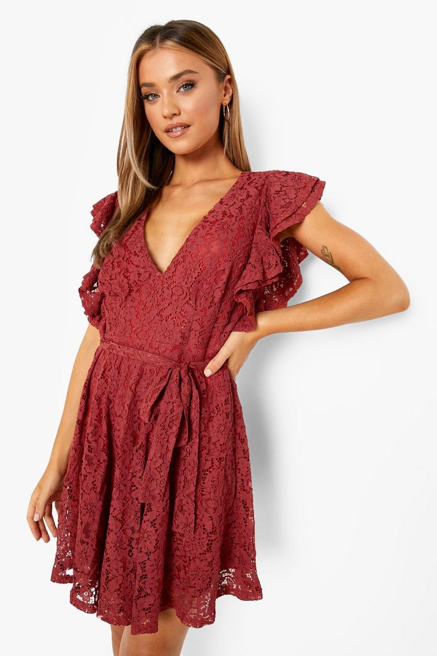 Rust Lace Ruffle Sleeve Skater Dress image number 1