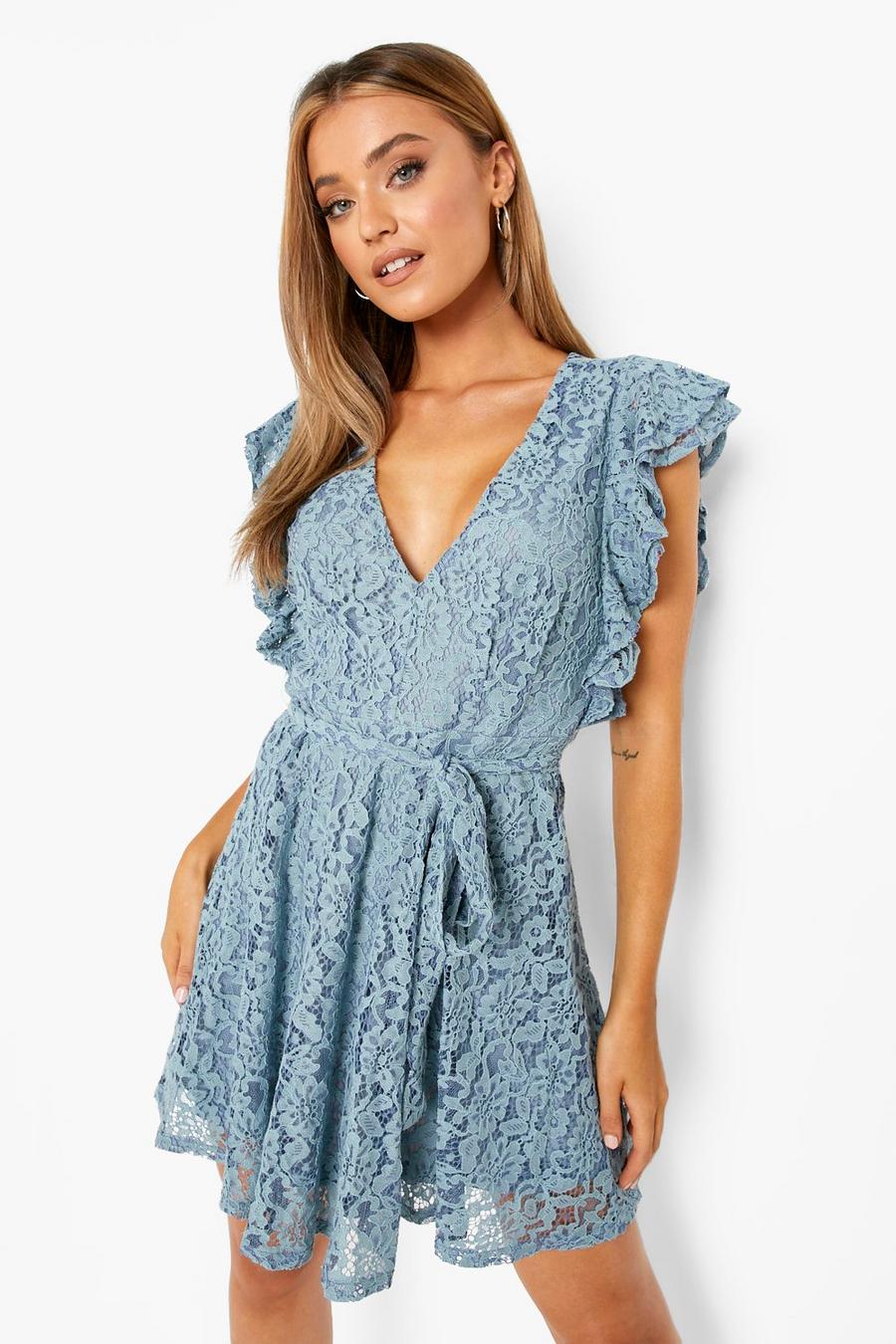 Teal Lace Ruffle Sleeve Skater Dress image number 1