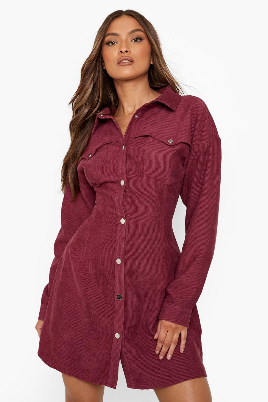 Berry red Cord Fitted Pocket Detail Shirt Dress