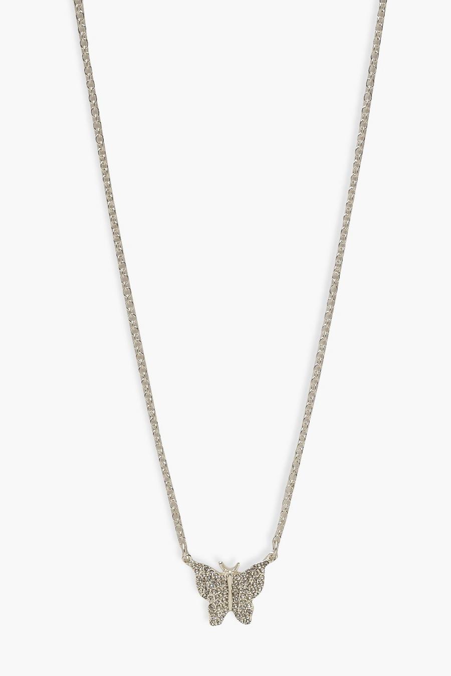 Silver Diamante Pendant Butterfly Necklace