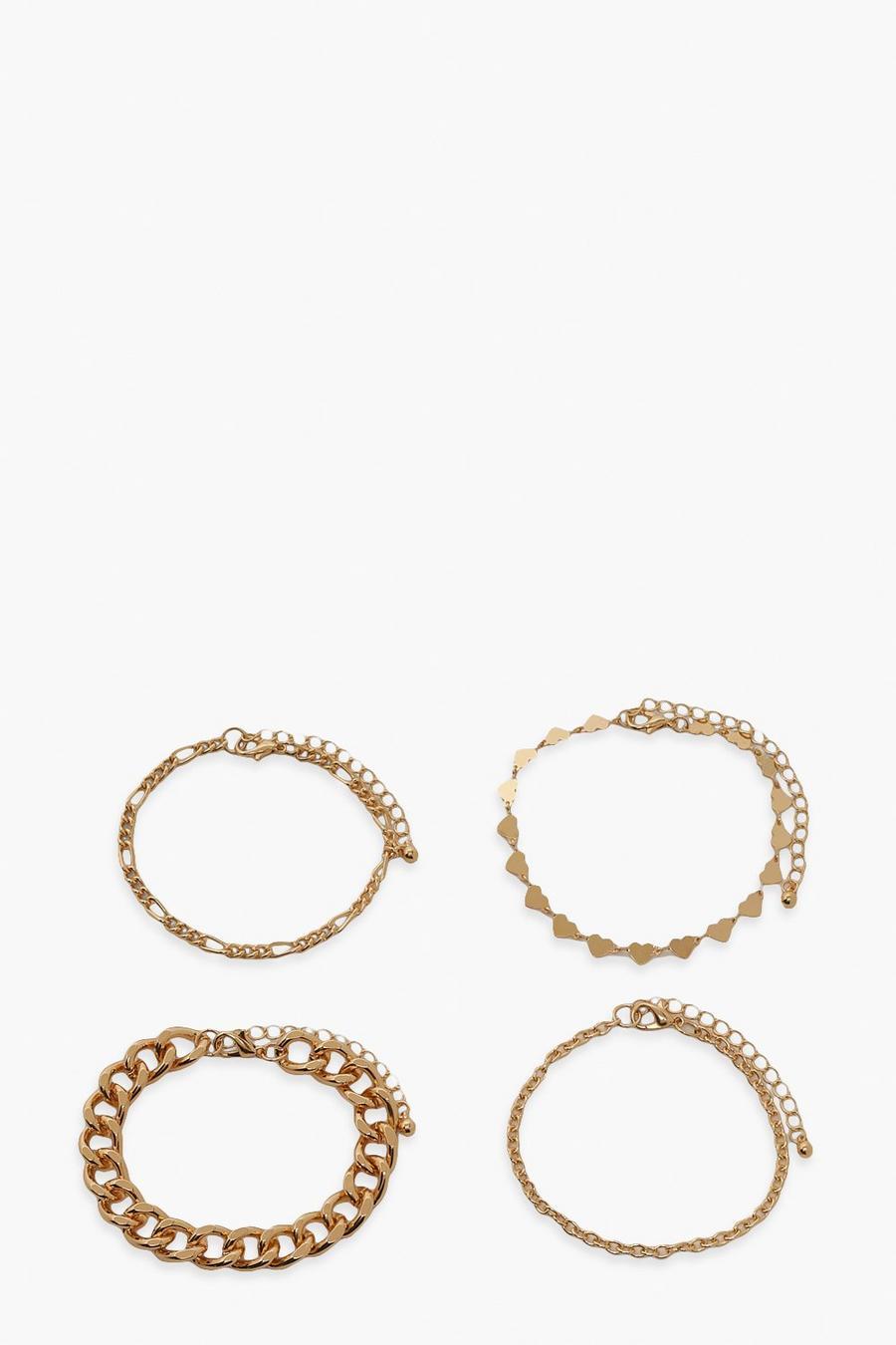 Lot de 4 bracelets dorés en chaînes variées, Gold metallic