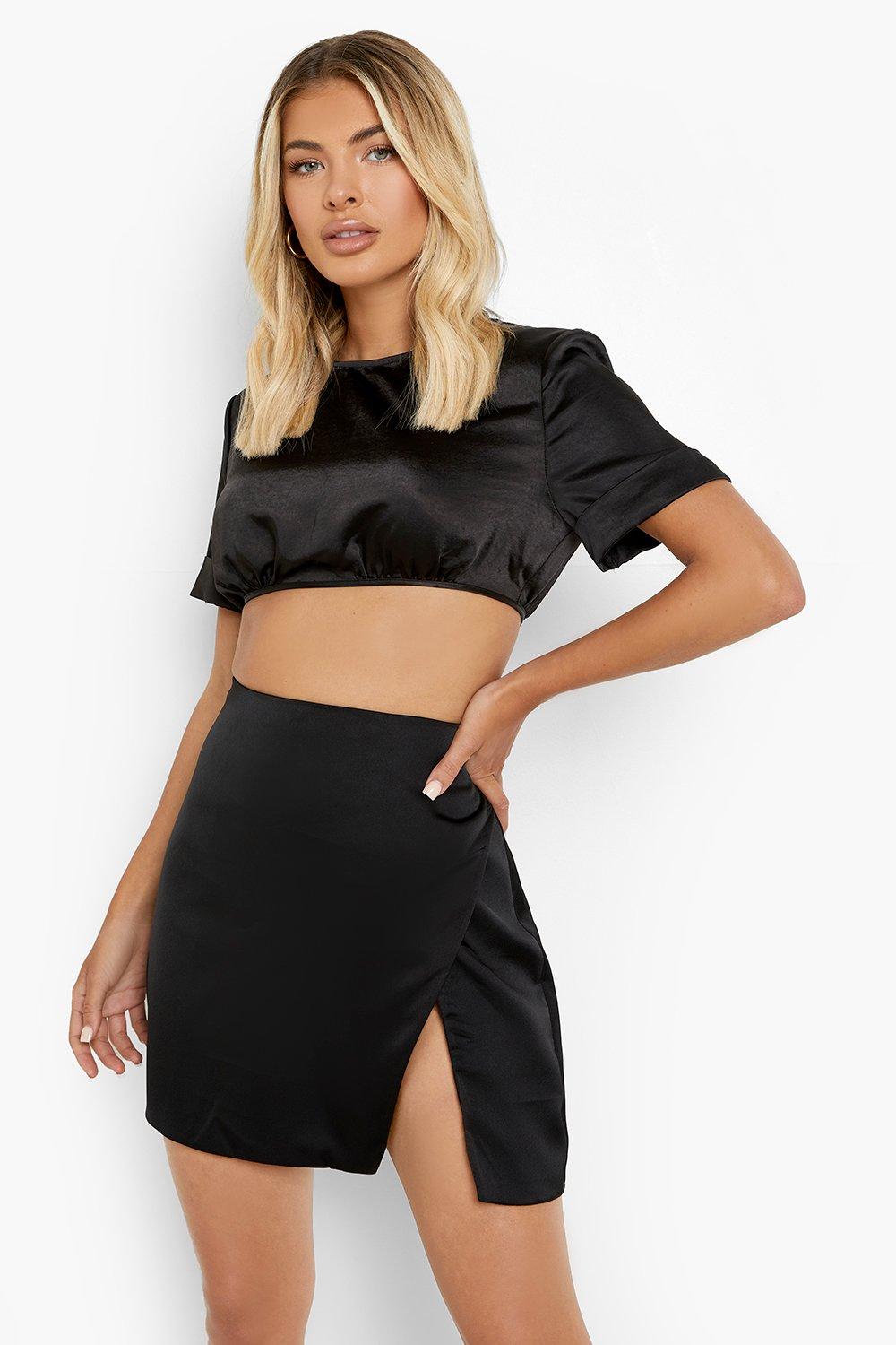 Black satin mini skirt hotsell