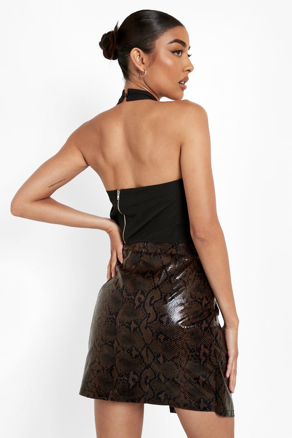 brown leather look mini skirt