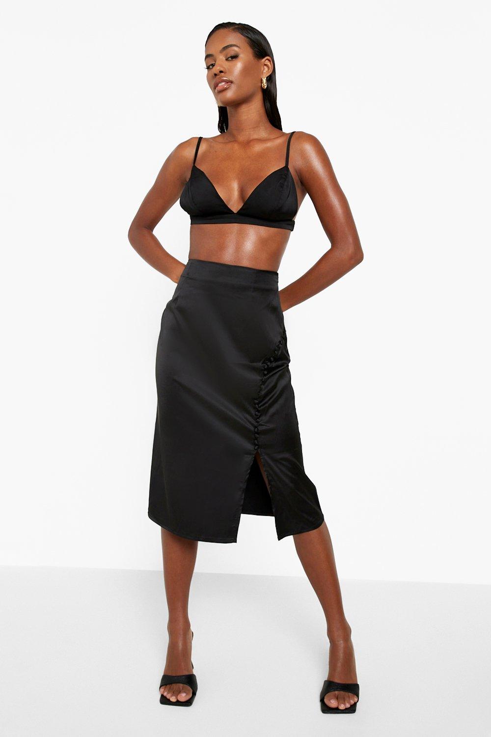 Black satin midi skirt with outlet split