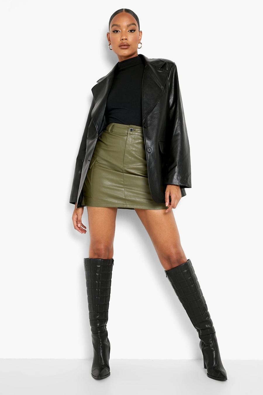 Khaki High Waisted Faux Leather Cargo Mini Skirt image number 1
