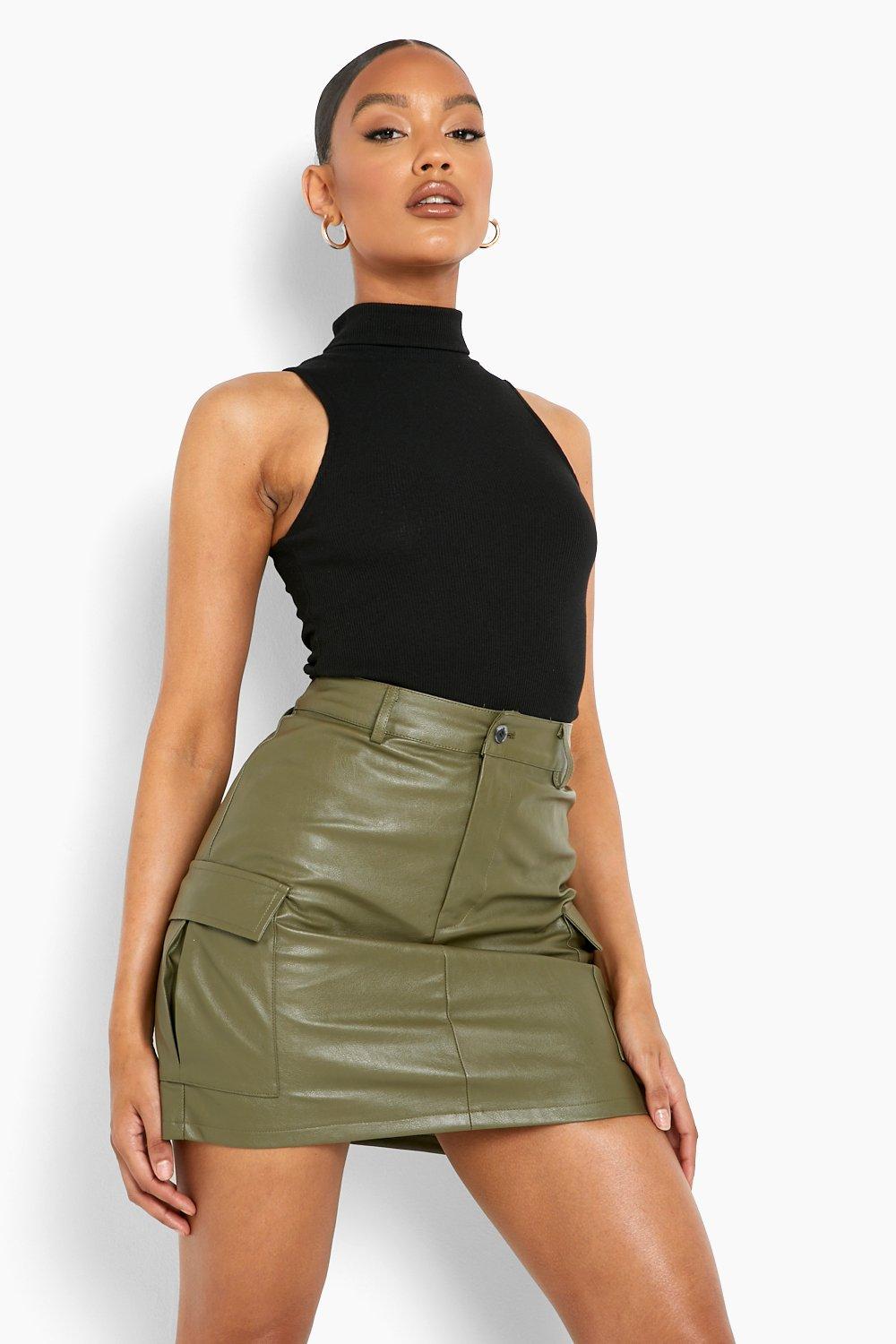 High Waisted Faux Leather Cargo Mini Skirt