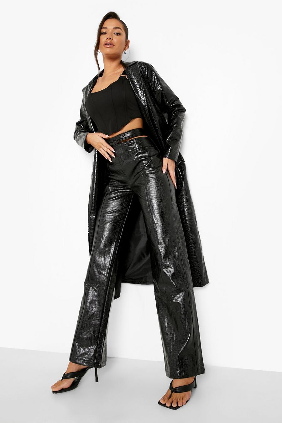 Black Croc Pu Strap Waist Leather Look Trousers image number 1