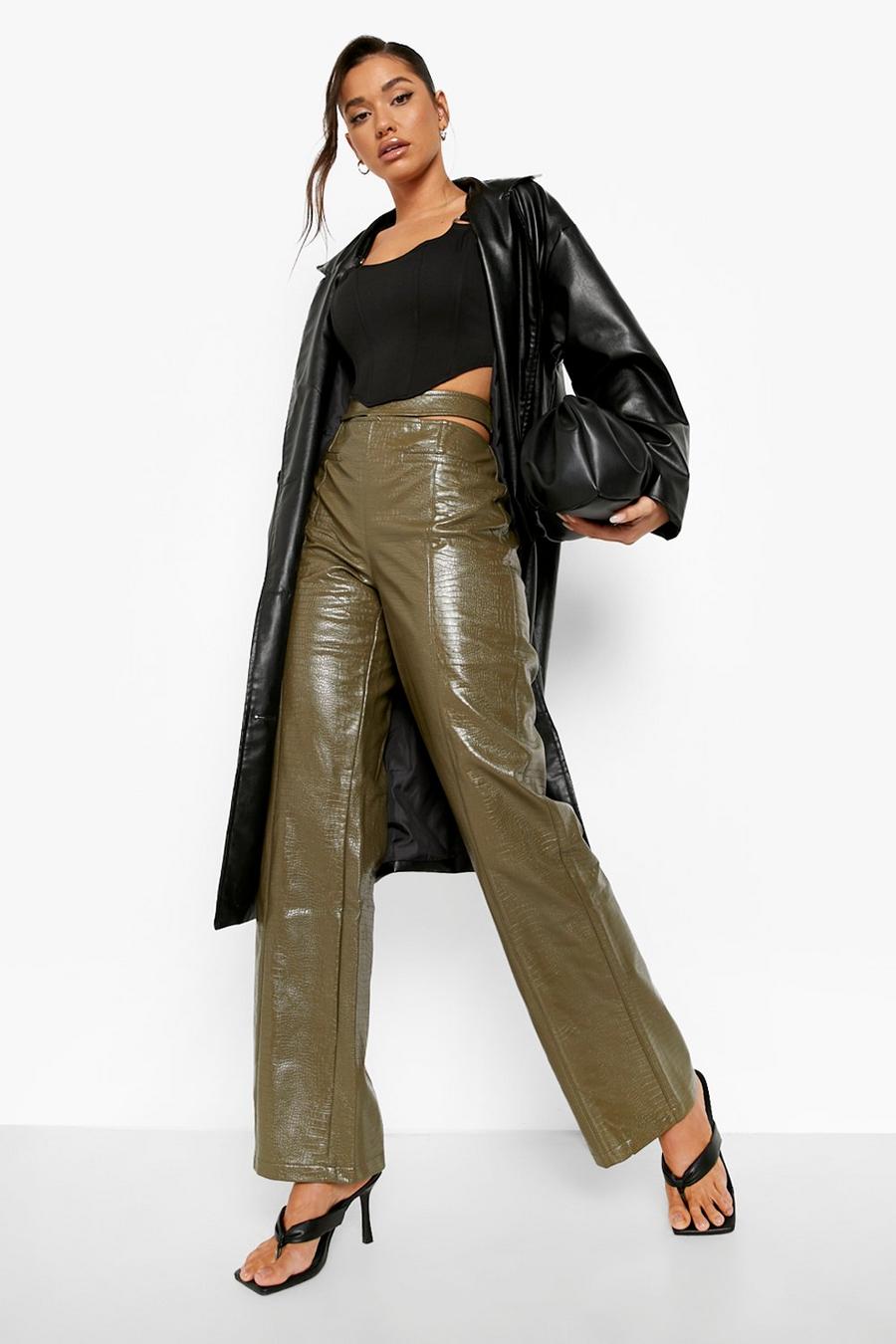 Khaki Croc Pu Strap Waist Leather Look Trousers image number 1