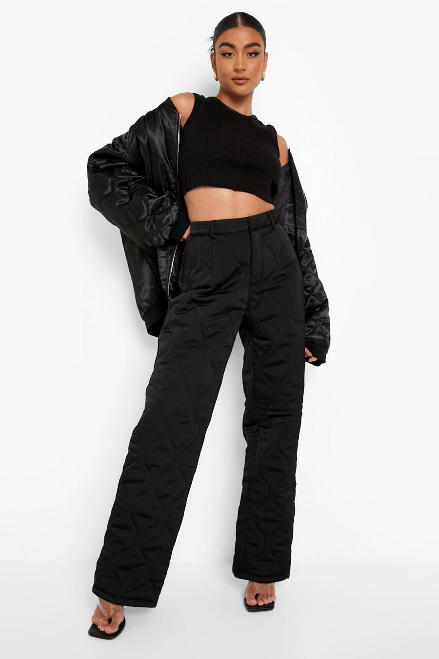 Black Quilted Satin Straight Leg Trouser image number 1