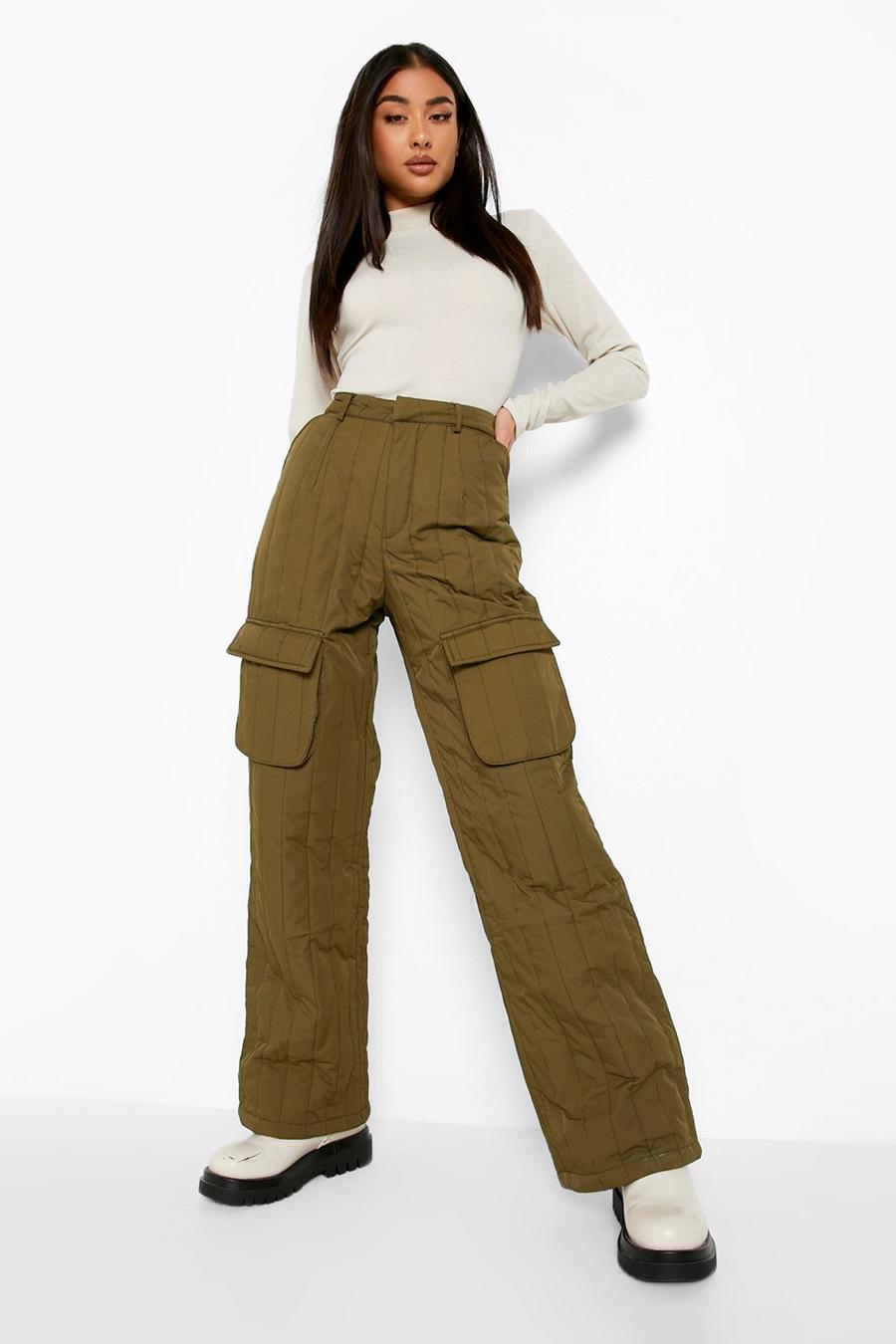Khaki Quilted Satin Cargo Pants image number 1