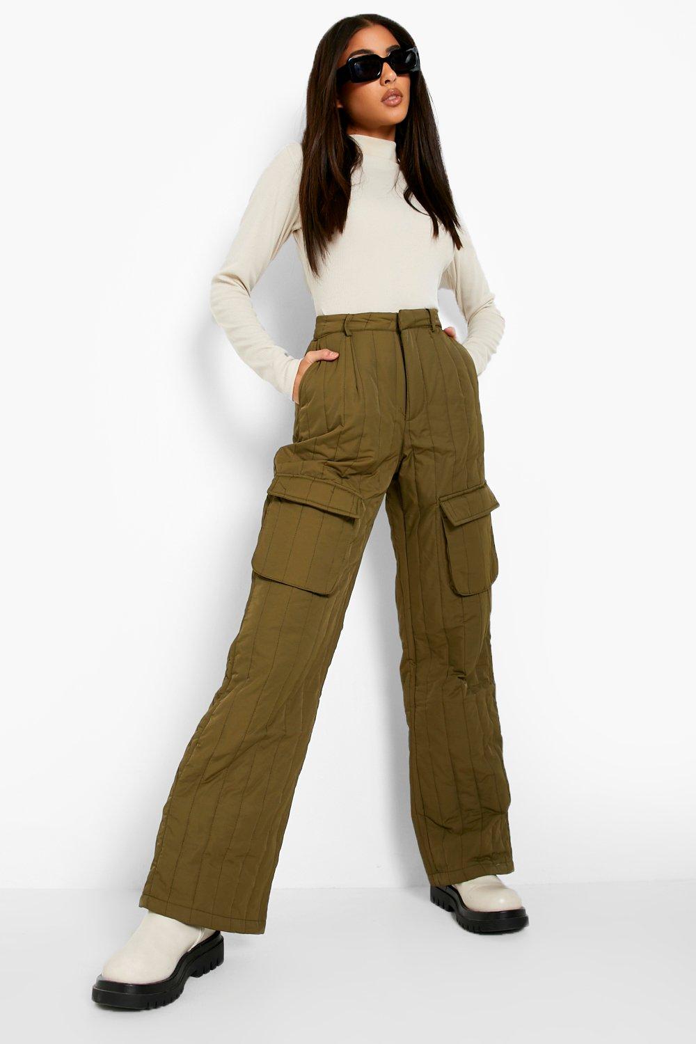 Beige Elastic Waist High Rise Wide Leg Cargo Pants