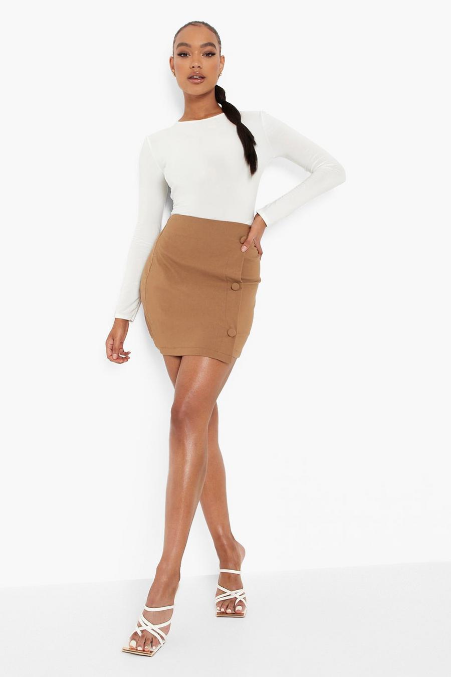 Tan Stretch Woven Button Detail Wrap Mini Skirt image number 1