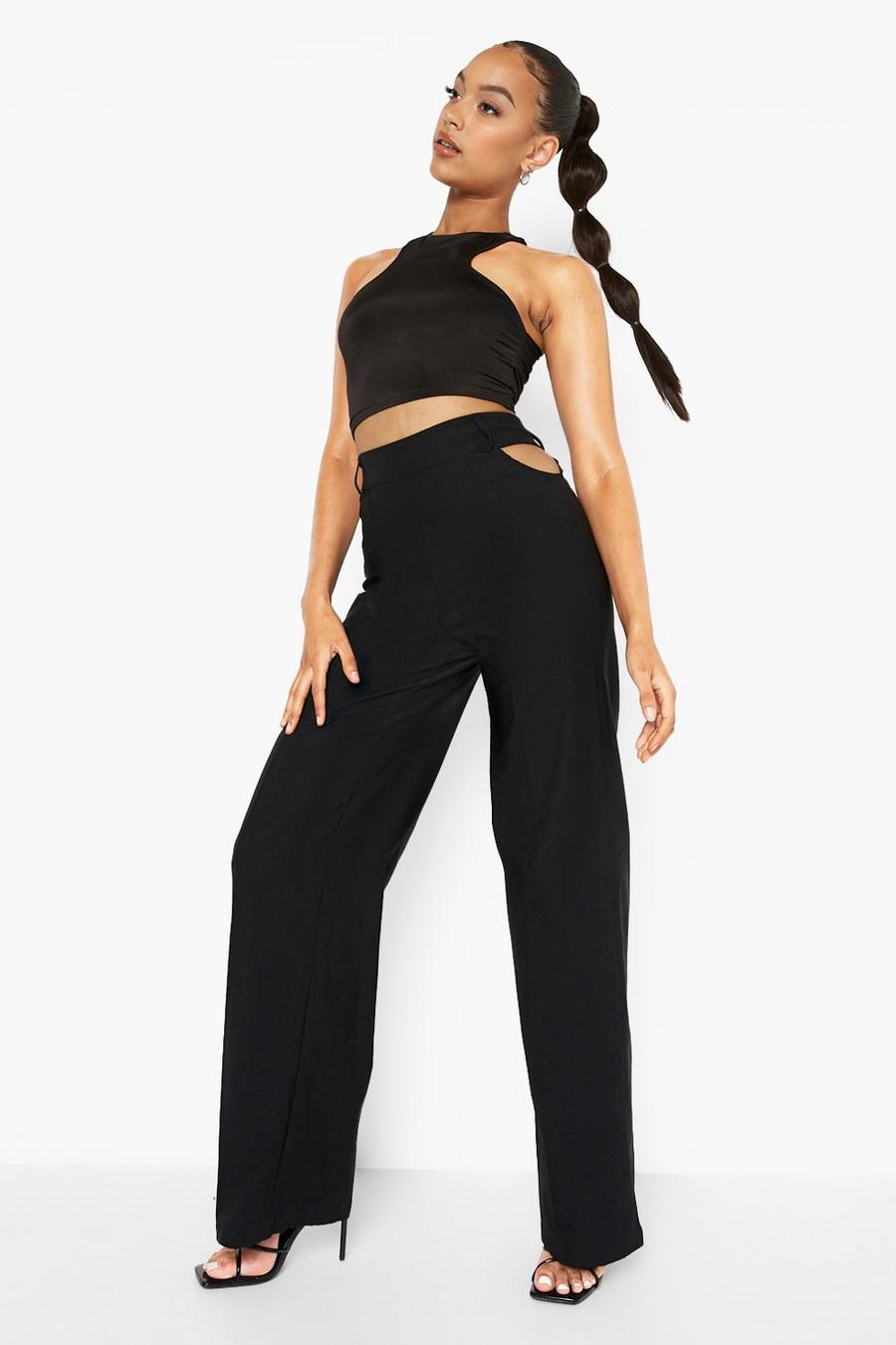 Black Wide Leg Stretch Woven Cut Out Trouser image number 1