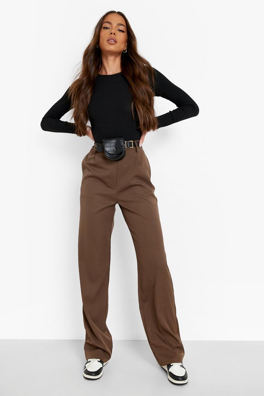 Tan Belted Bum Bag Woven Casual Straight Fit Trousers image number 1