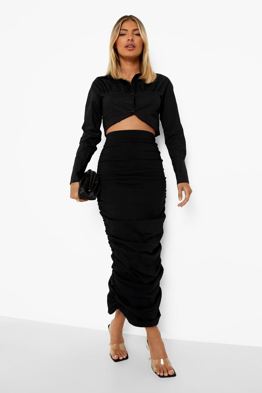 Black Stretch Woven Ruched Midaxi Skirt image number 1