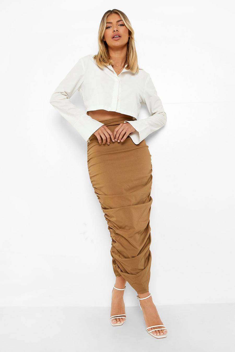 צבע קאמל חצאית מידקסי נמתחת ארוגה עם כיווצים  image number 1