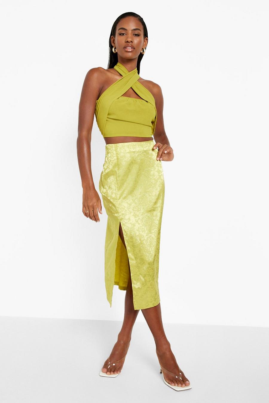 Lime Satin Floral Thigh Split Midi Skirt image number 1