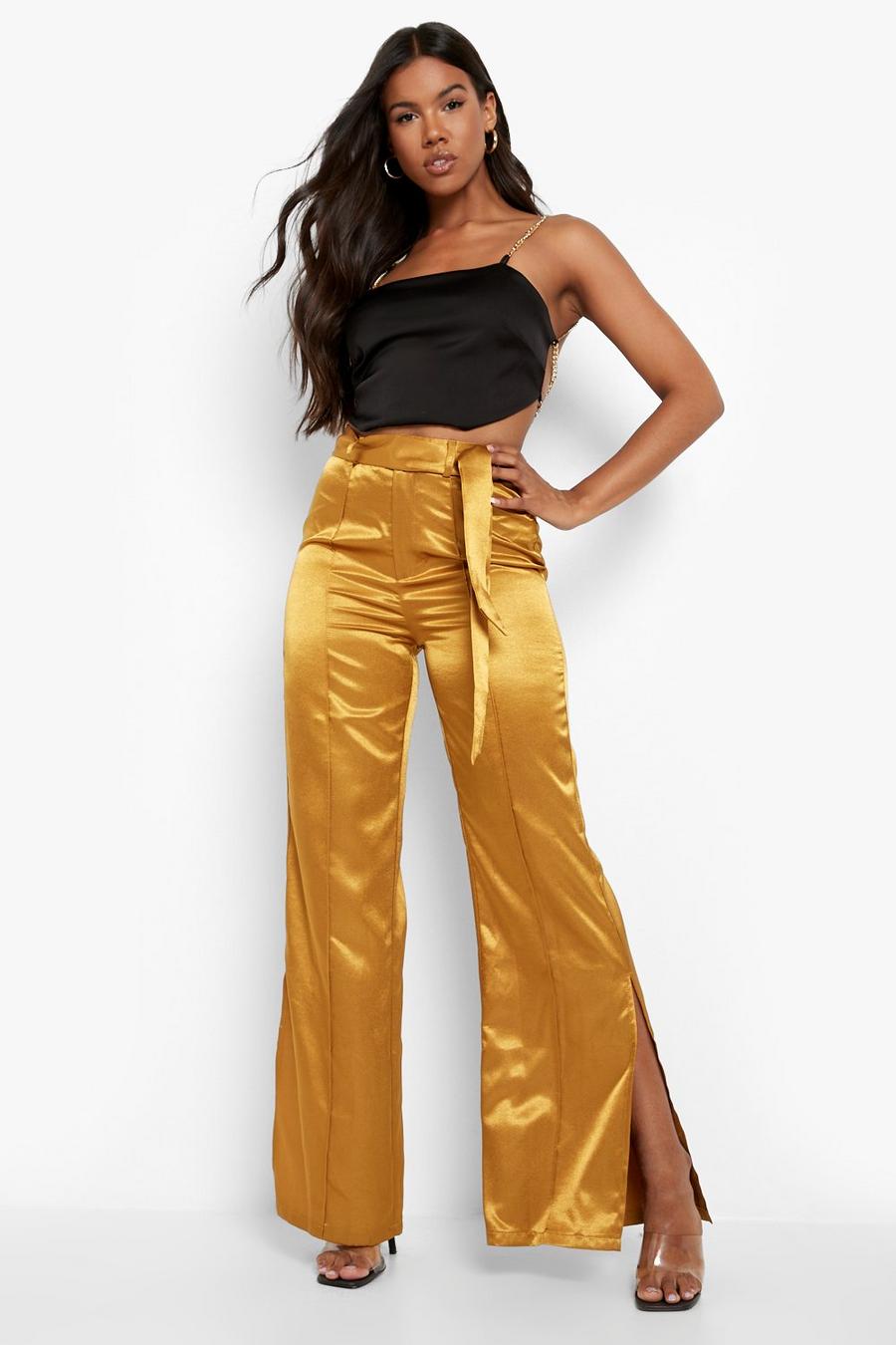 Pantaloni in raso con spacco sul fondo, Gold image number 1
