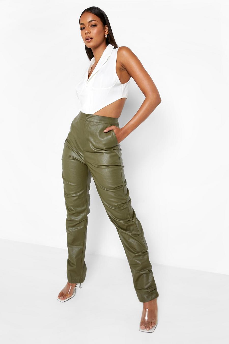 Khaki Gathered Detail Leather Look Trouser image number 1