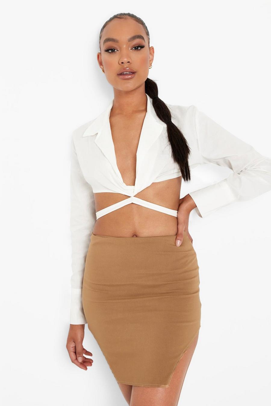Tan Stretch Woven Cut Out Hem Mini Skirt image number 1