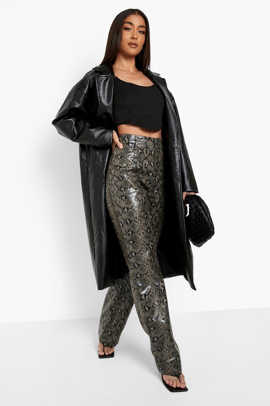 Grey Premium Snake Print Leather Look Trousers image number 1