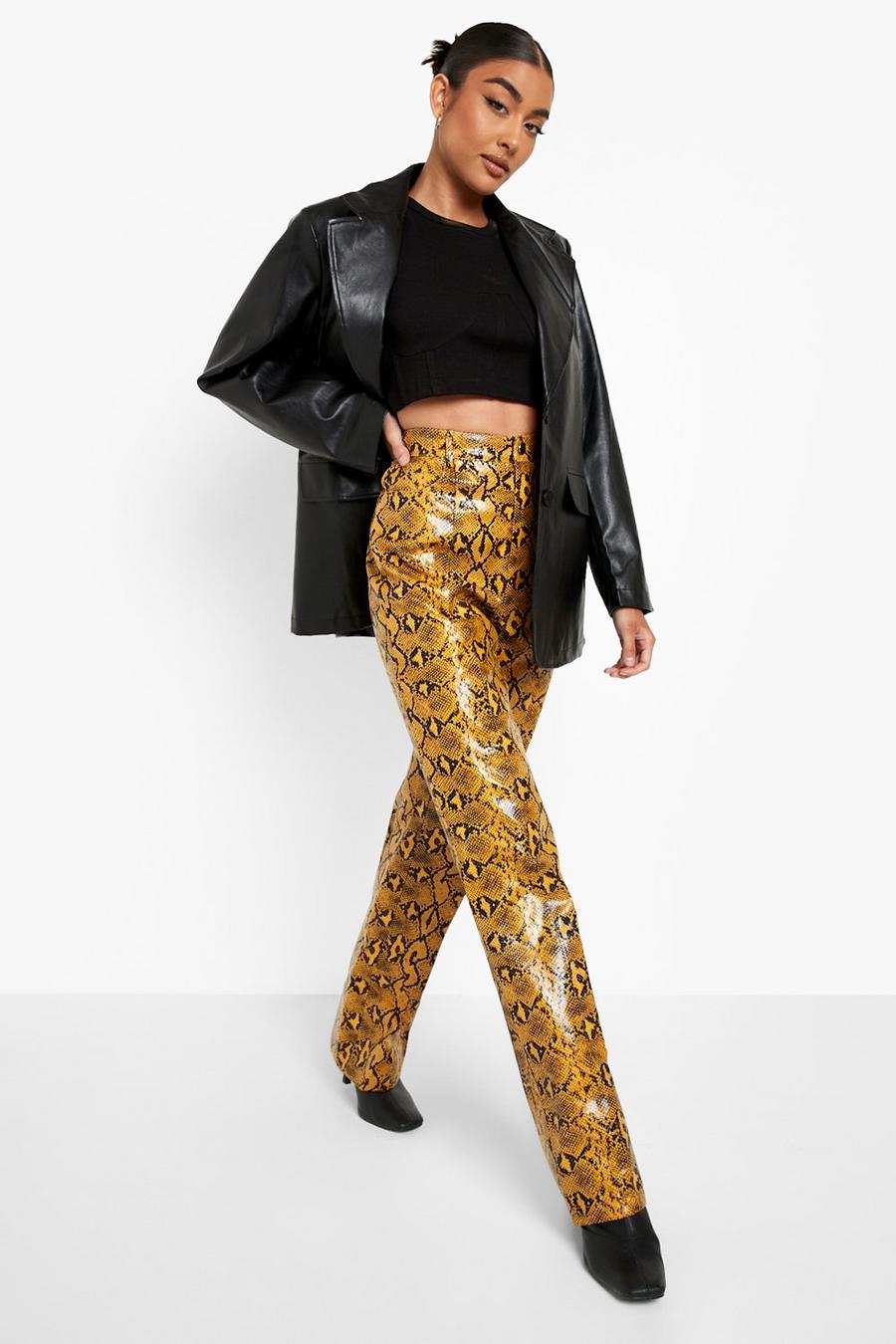 Mustard Premium Snake Print Leather Look Trousers image number 1