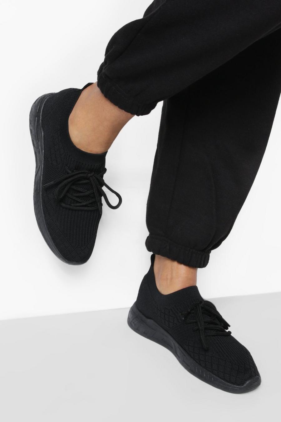 Black Wide Fit Basic Knitted Sports Sneakers image number 1