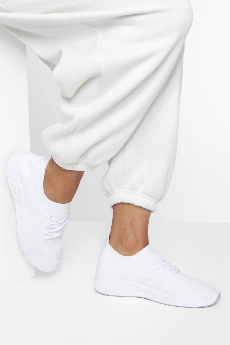 White Wide Fit Basic Knitted Sports Trainers image number 1