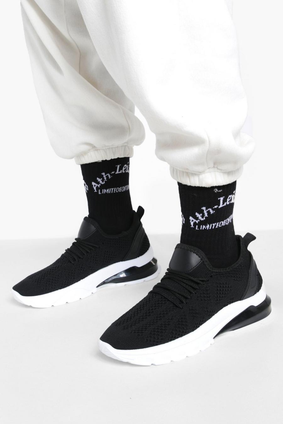 Black Wide Fit Bubble Sole Knitted Sports Sneakers image number 1
