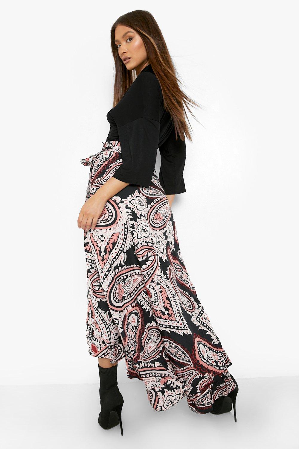 Paisley Print Wrap Tie Waist Skirt boohoo