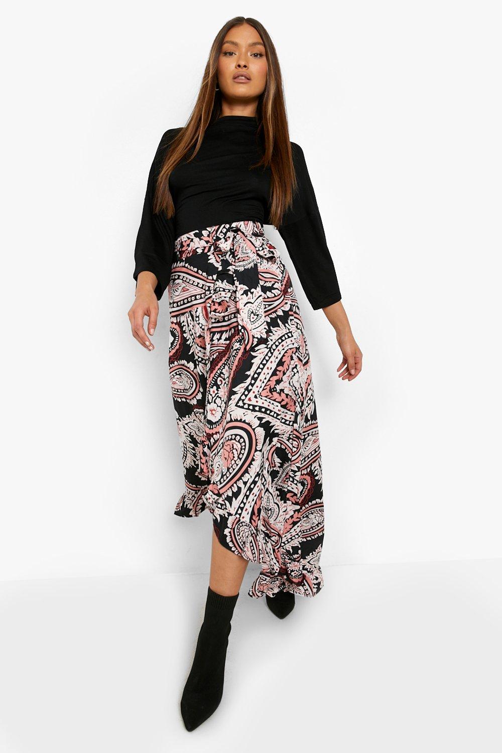 Paisley Print Wrap Tie Waist Skirt boohoo