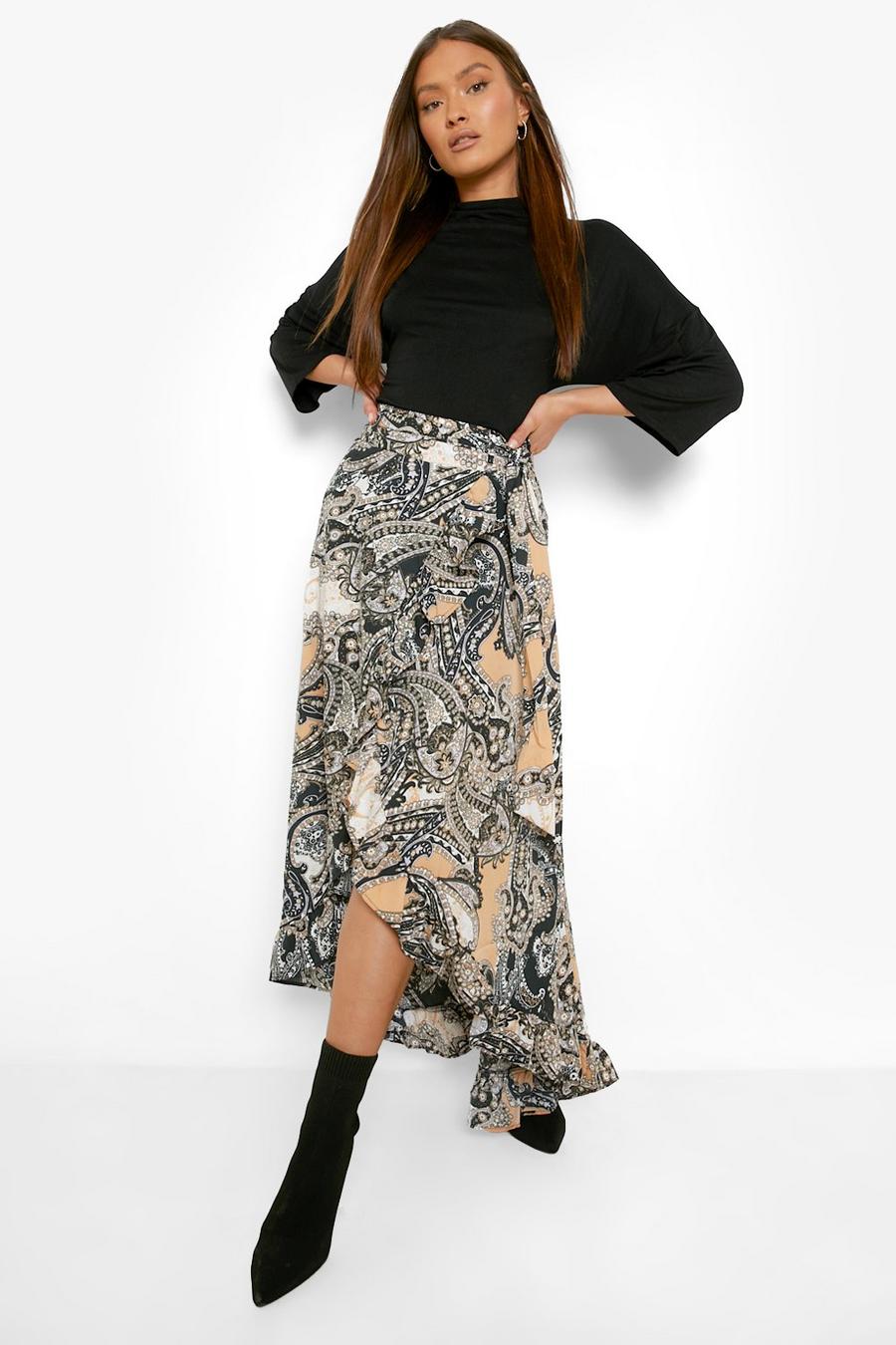 Mustard Paisleymönstrad kjol med omlott och knytdetalj image number 1