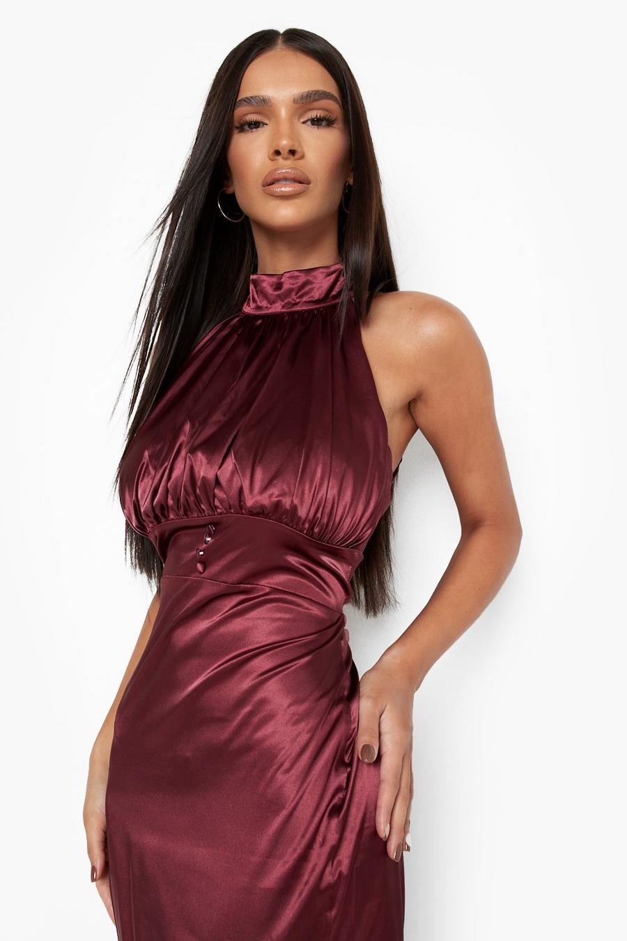 Berry red Satin Halter Neck Midaxi Party Dress