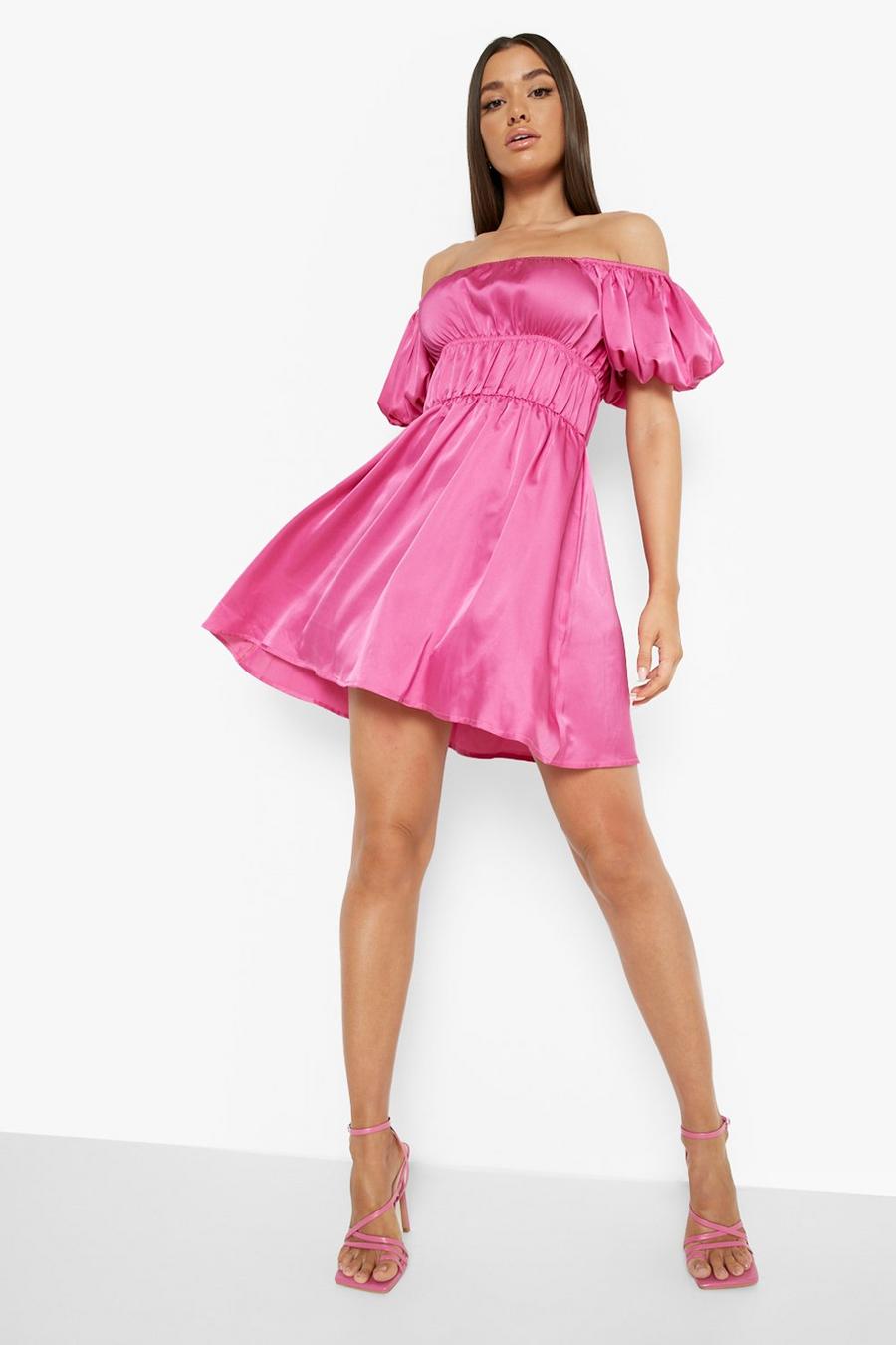 Hot pink Satin Puff Sleeve Ruched Skater Dress image number 1