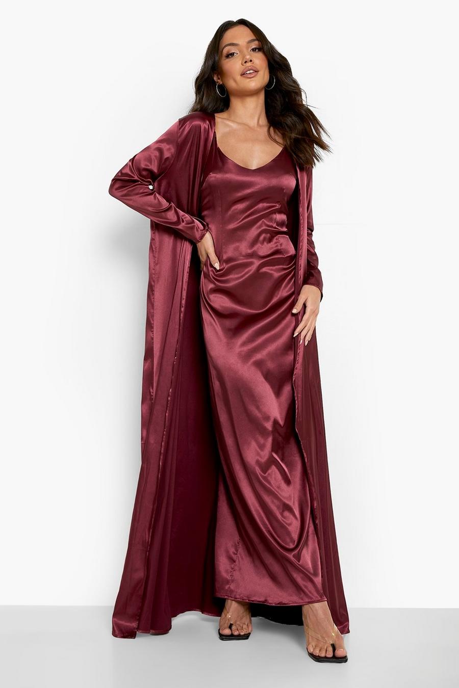 Berry 2 in 1 Satin Maxi Christmas Dress And Duster Coat image number 1
