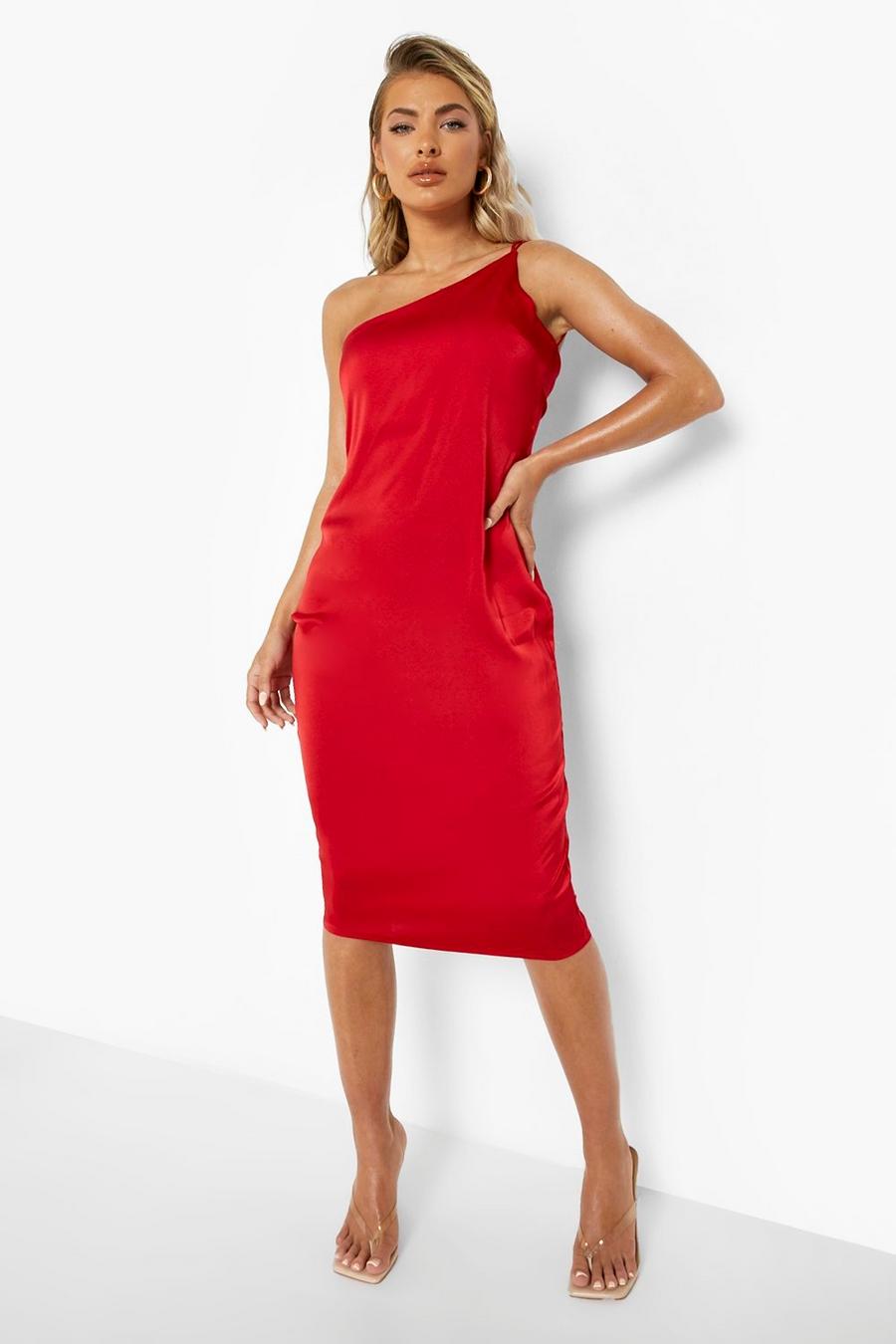 Red Satin Strappy Back Midi Dress image number 1