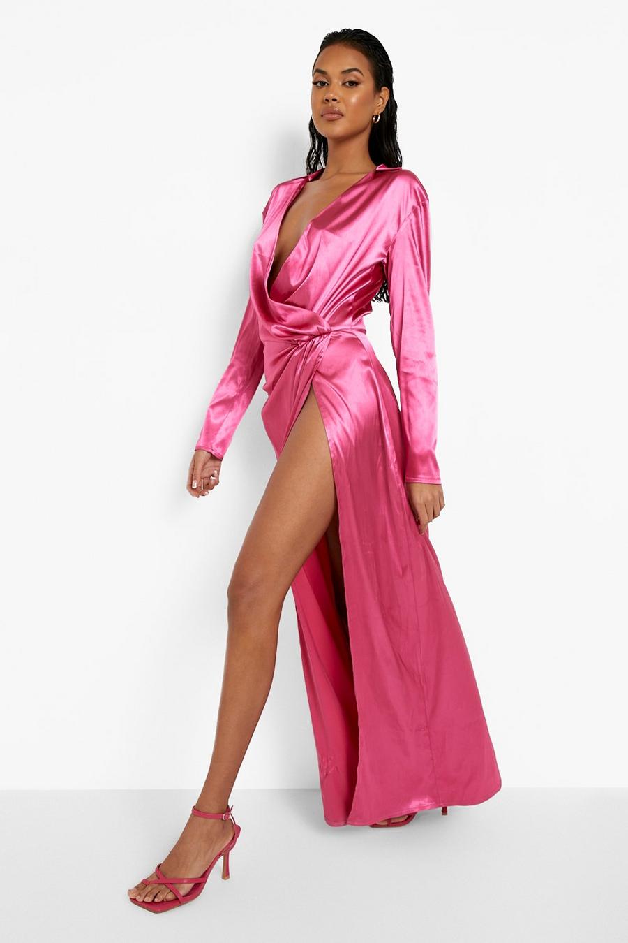 Robe longue satinée à décolleté plongeant, Hot pink image number 1