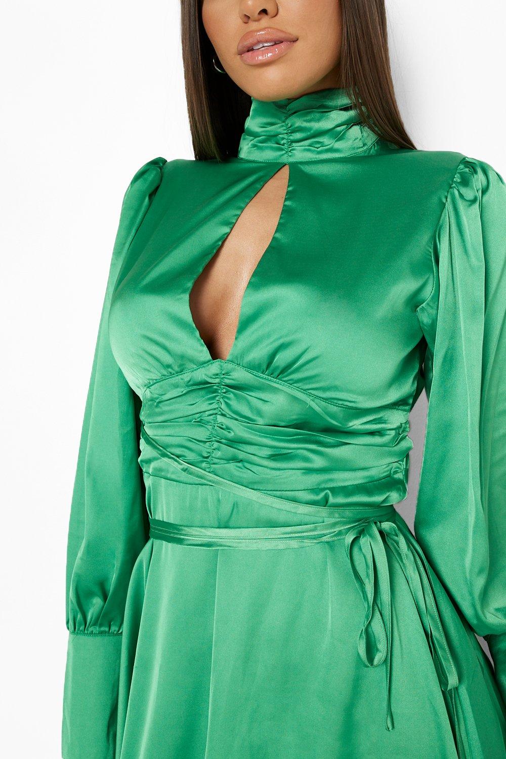 emerald green satin skater dress