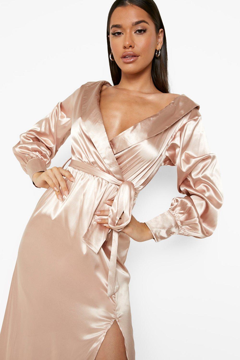 Hammered Satin One Shoulder Drape Maxi Dress